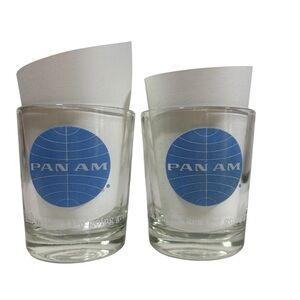 VTG Pan Am Airlines Blue Globe Mid Century Rocks Glasses Tumblers Set Of 2